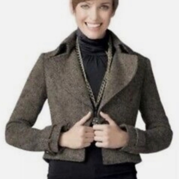 CAbi Tweed Moto Jacket Size 8 Wool Blend #638 Lined Zipper Pockets One Button - Picture 4 of 16